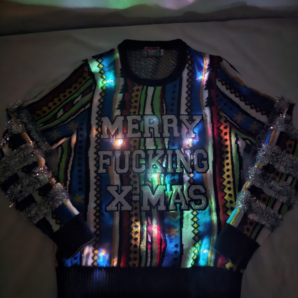 Spencer’s Workshop Light-Up LED Ugly Christmas Sweater M Merry F***ing X-Mas Fun - Picture 2 of 8